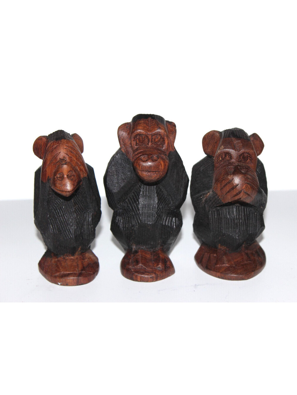 Vintage Hand Carved African See Hear Speak No Evil Monkey Wood Figure Set of 3